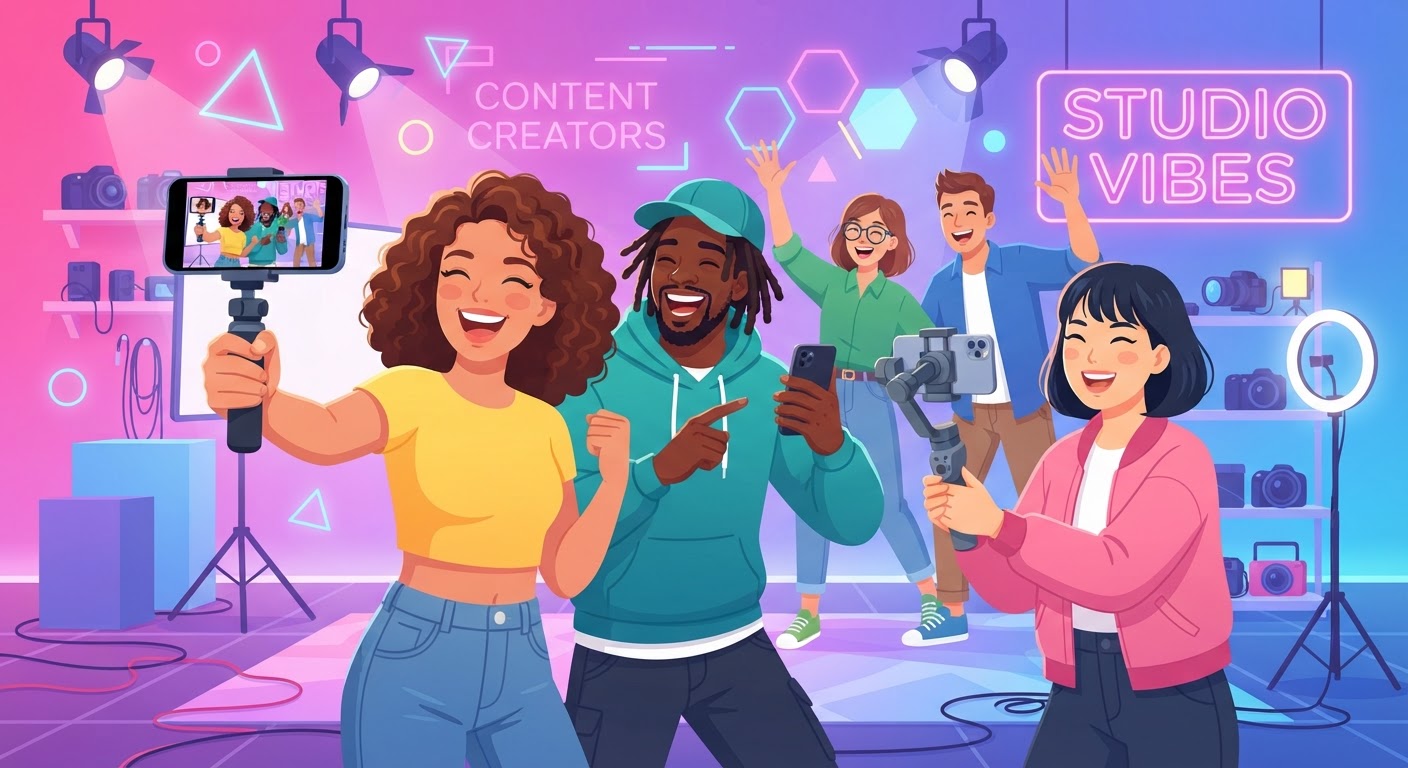 Creator UGC colorati che registrano contenuti con lo smartphone